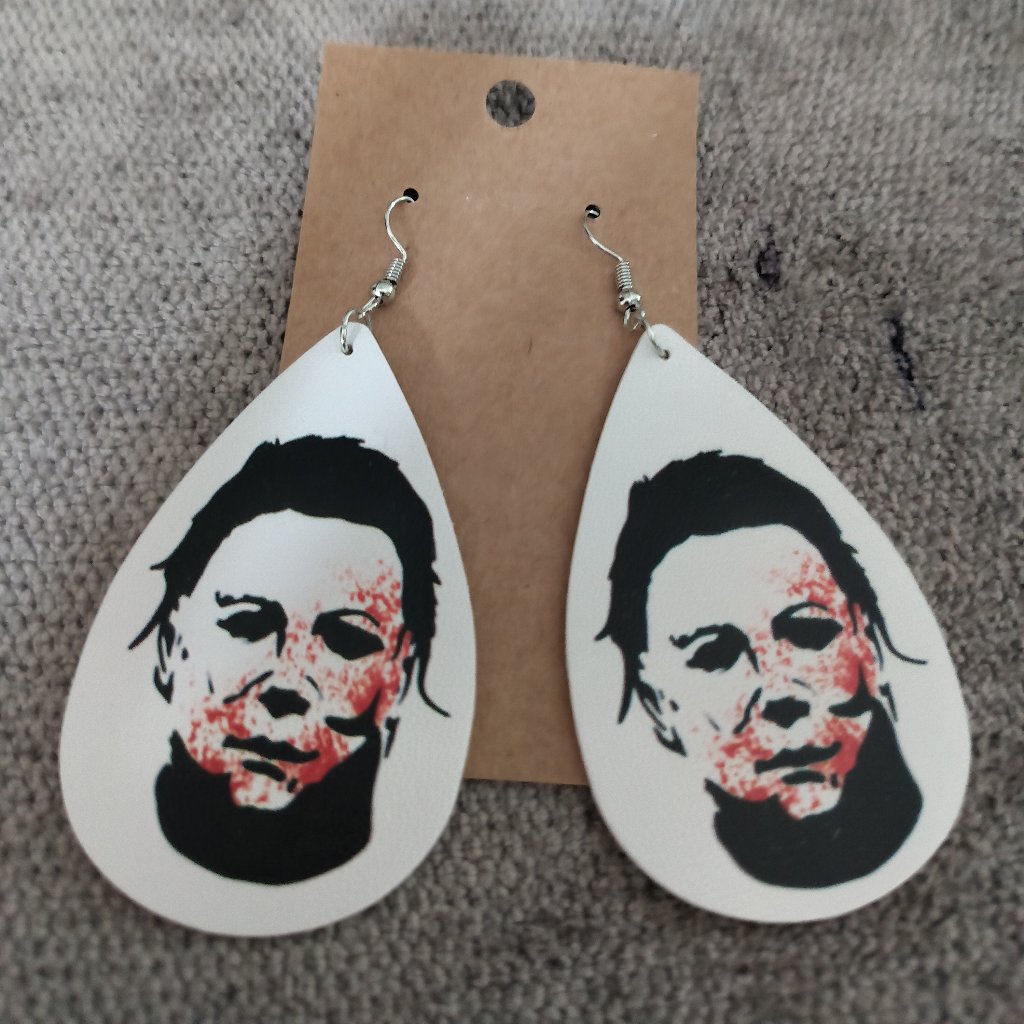 Halloween Michael Myers Face Theme Faux Leather Tear Drop Earrings